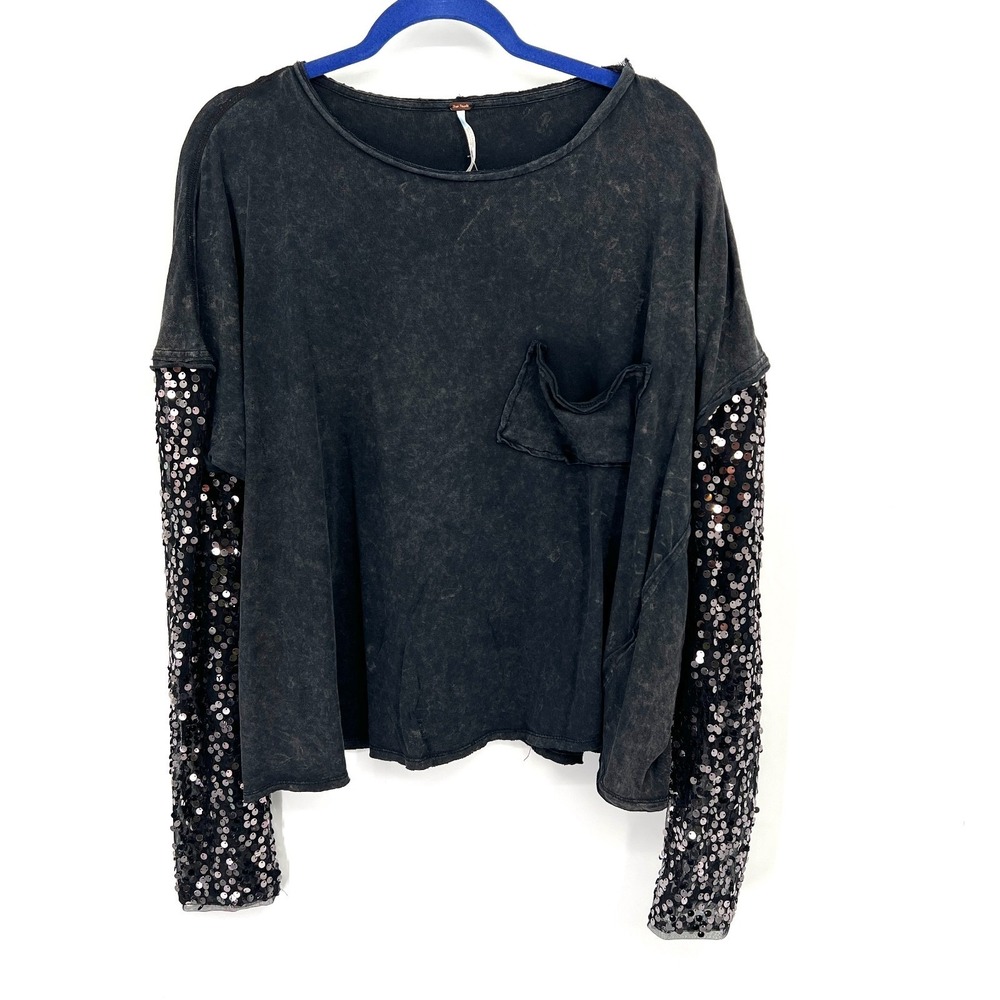 Free People Celine Sequin long Sleeve Tee boho glam grunge sparkle‎ top L